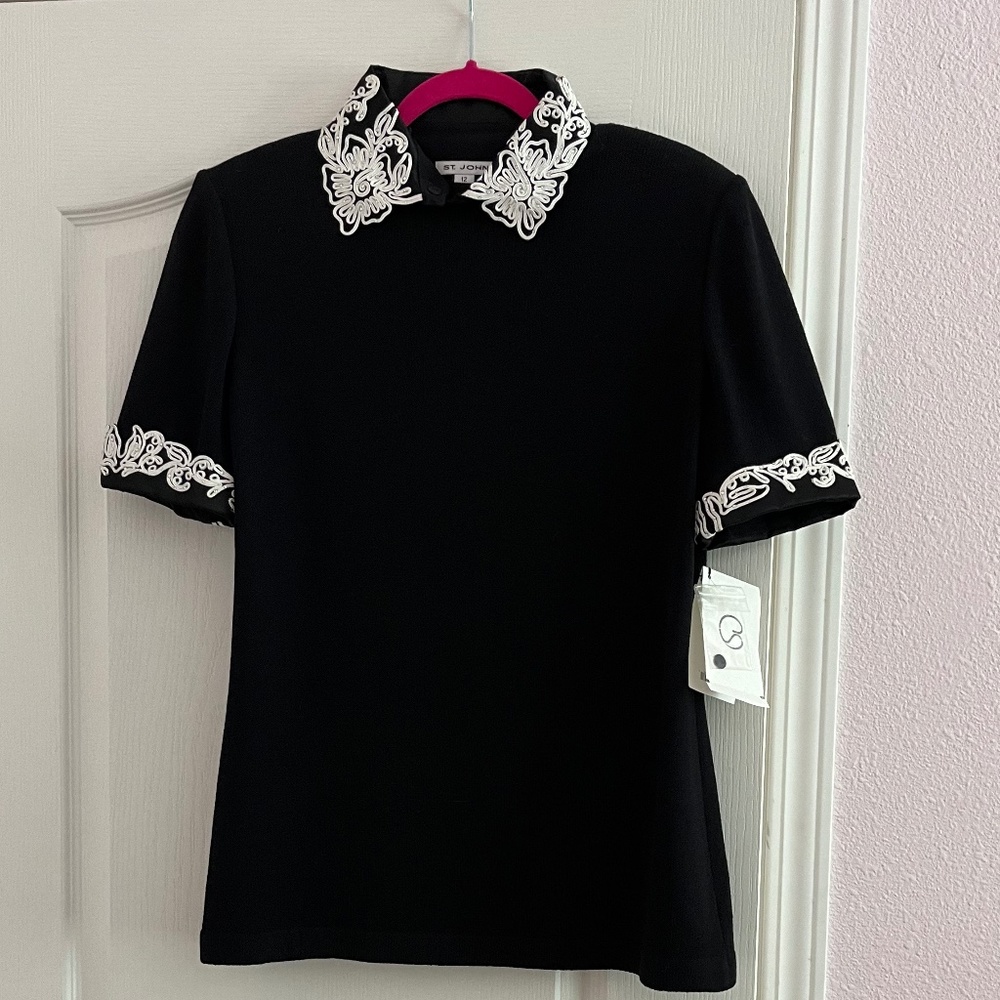 Vintage St. John Collection Marie Gray Black Short-Sleeved Shirt